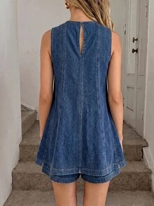 Easowa 女款圓領長版上衣與短褲休閒牛仔套裝，適合夏季節慶、通勤、度假、畢業、時髦Y2K、可愛街頭風、Coquette風、派對、婚禮、優雅商務休閒、海灘、出遊、生日 - 藍色 - 查看 3