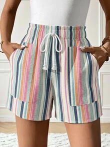 Easowa Women's Printed Elastic Waist Shorts With Pockets, Summer Casual Boho Style Beach Navy Blue And White - Multicolor - View 6