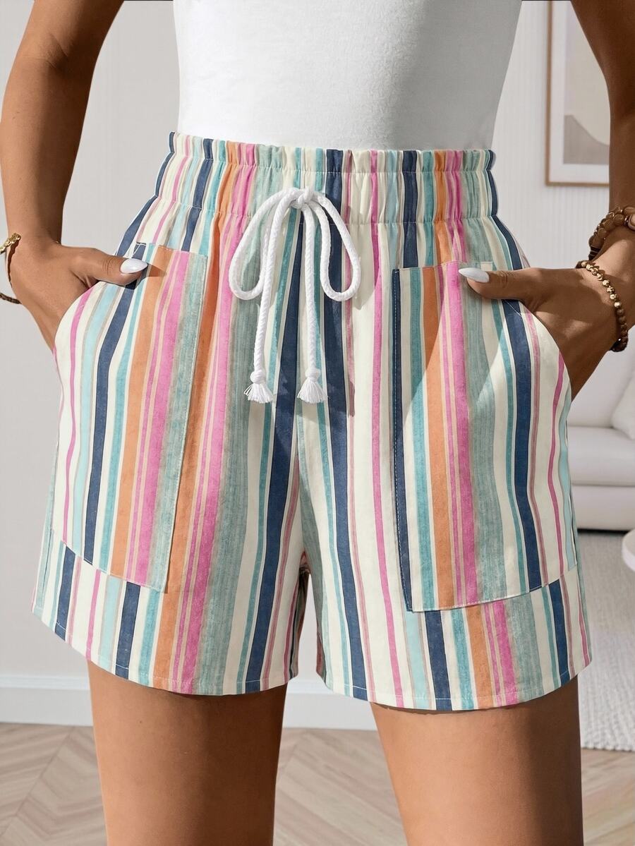 Easowa Women's Printed Elastic Waist Shorts With Pockets, Summer Casual Boho Style Beach Navy Blue And White - Multicolor - View 1
