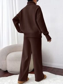 SHEIN 2-delat set i lång storlek: enfärgad mörkbrun ribbad polotröja med flätstickade detaljer och långa stickade byxor, avslappnat loungewear - Brun - Visa 2