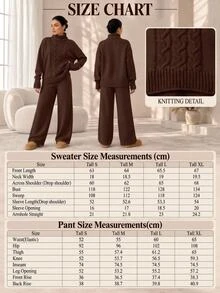 SHEIN 2-delat set i lång storlek: enfärgad mörkbrun ribbad polotröja med flätstickade detaljer och långa stickade byxor, avslappnat loungewear - Brun - Visa 5