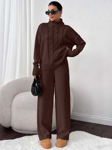 SHEIN 2-delat set i lång storlek: enfärgad mörkbrun ribbad polotröja med flätstickade detaljer och långa stickade byxor, avslappnat loungewear - Brun - Visa 9