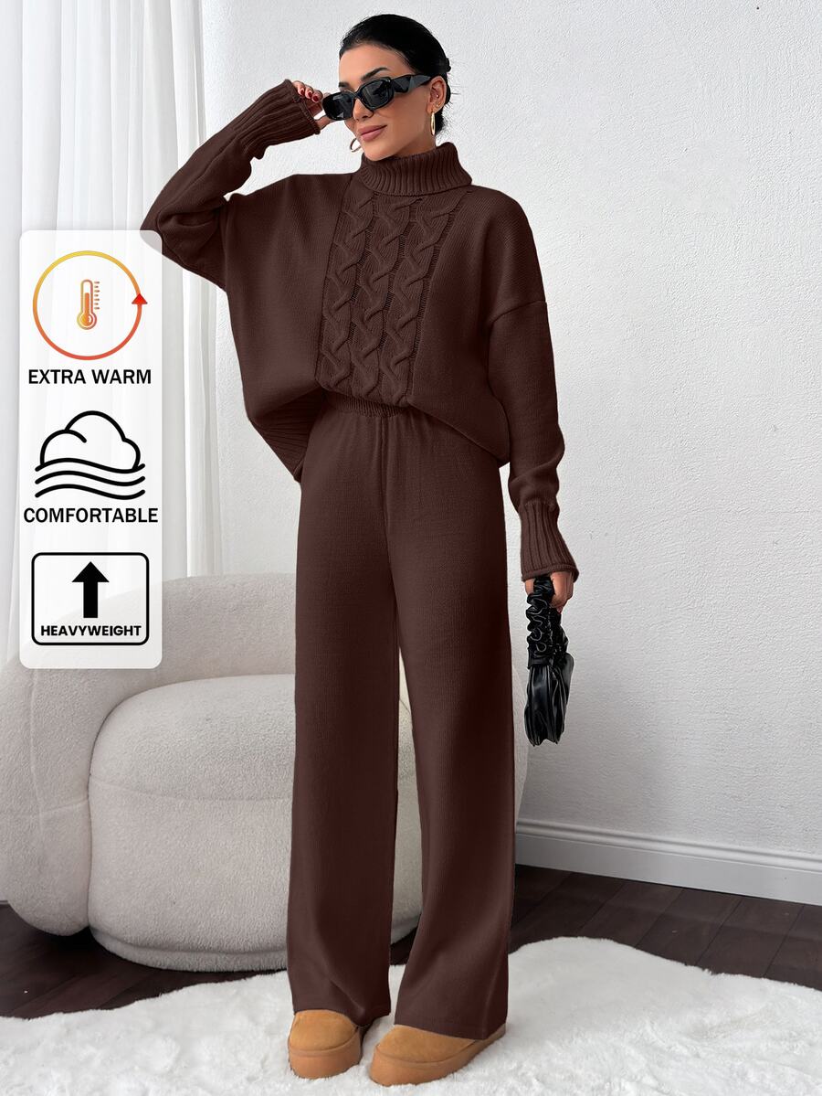 SHEIN 2-delat set i lång storlek: enfärgad mörkbrun ribbad polotröja med flätstickade detaljer och långa stickade byxor, avslappnat loungewear - Brun - Visa 1