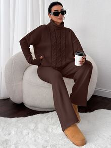 SHEIN 2-delat set i lång storlek: enfärgad mörkbrun ribbad polotröja med flätstickade detaljer och långa stickade byxor, avslappnat loungewear - Brun - Visa 7