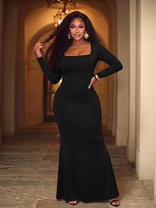 Slaydiva Plus Size Women's Sexy Solid Color Square Neck Long Sleeve Mermaid Dress, Suitable For Party Wear - Multicolor - View 3