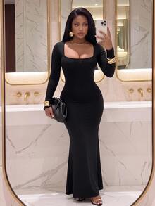 Slaydiva Plus Size Women's Sexy Solid Color Square Neck Long Sleeve Mermaid Dress, Suitable For Party Wear - Multicolor - View 1