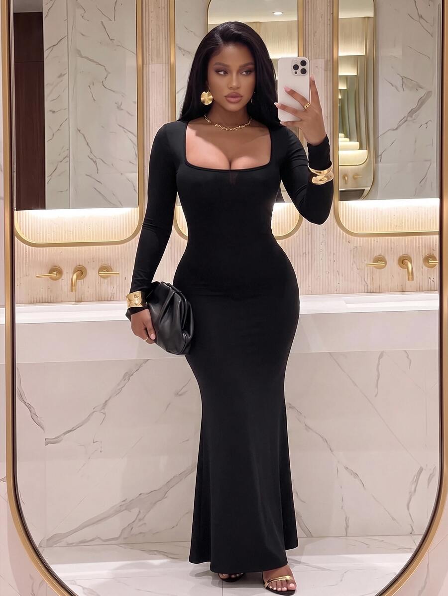 Slaydiva Plus Size Women's Sexy Solid Color Square Neck Long Sleeve Mermaid Dress, Suitable For Party Wear - Multicolor - View 1
