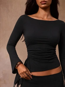 Opulessa Women's Solid Color Casual Versatile Long Sleeve T-Shirt For Daily Wear - Black - View 5