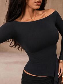 Opulessa Women's Solid Color Casual Versatile Long Sleeve T-Shirt For Daily Wear - Black - View 4