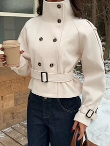 SHEIN EZwear 女款素色立領休閒法式優雅百搭日常旅行風衣外套 辦公穿搭 米白色 - 白色 - 查看 8