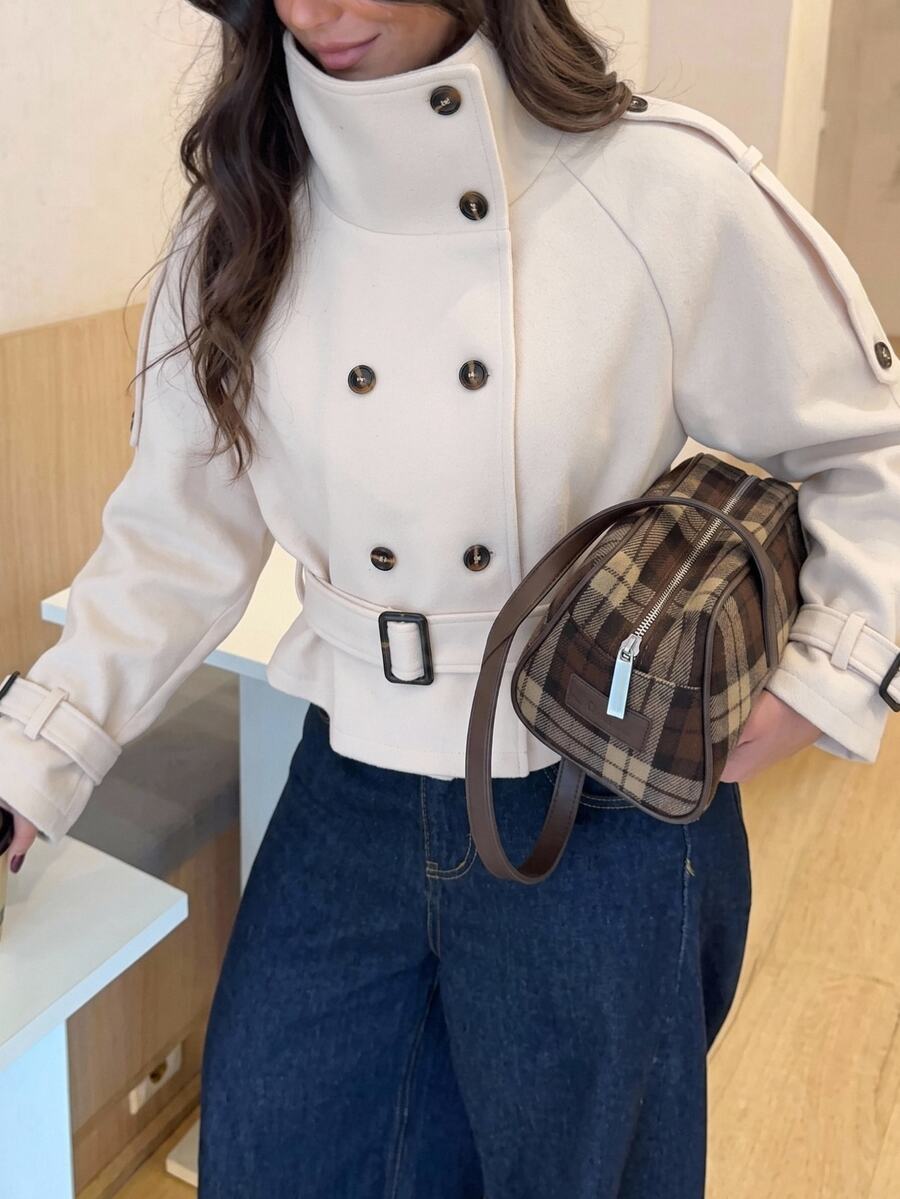 SHEIN EZwear 女款素色立領休閒法式優雅百搭日常旅行風衣外套 辦公穿搭 米白色 - 白色 - 查看 1