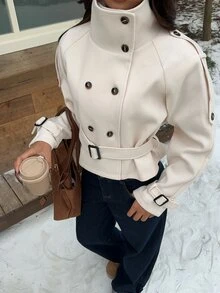 SHEIN EZwear 女款素色立領休閒法式優雅百搭日常旅行風衣外套 辦公穿搭 米白色 - 白色 - 查看 5