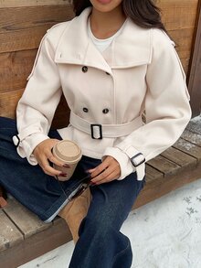 SHEIN EZwear 女款素色立領休閒法式優雅百搭日常旅行風衣外套 辦公穿搭 米白色 - 白色 - 查看 3