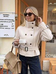 SHEIN EZwear 女款素色立領休閒法式優雅百搭日常旅行風衣外套 辦公穿搭 米白色 - 白色 - 查看 7
