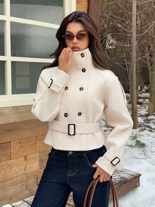 SHEIN EZwear 女款素色立領休閒法式優雅百搭日常旅行風衣外套 辦公穿搭 米白色 - 白色 - 查看 6