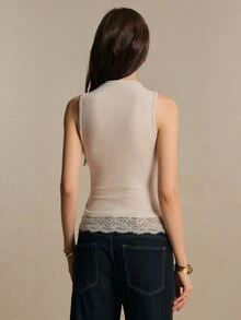 Poéselle Women's Lace Insert Cowl Neck Tank Top – Y2K Slim-Fit Cotton Blend Sleeveless Going-Out Top For Fall, Winter & Christmas Parties - Khaki - View 2