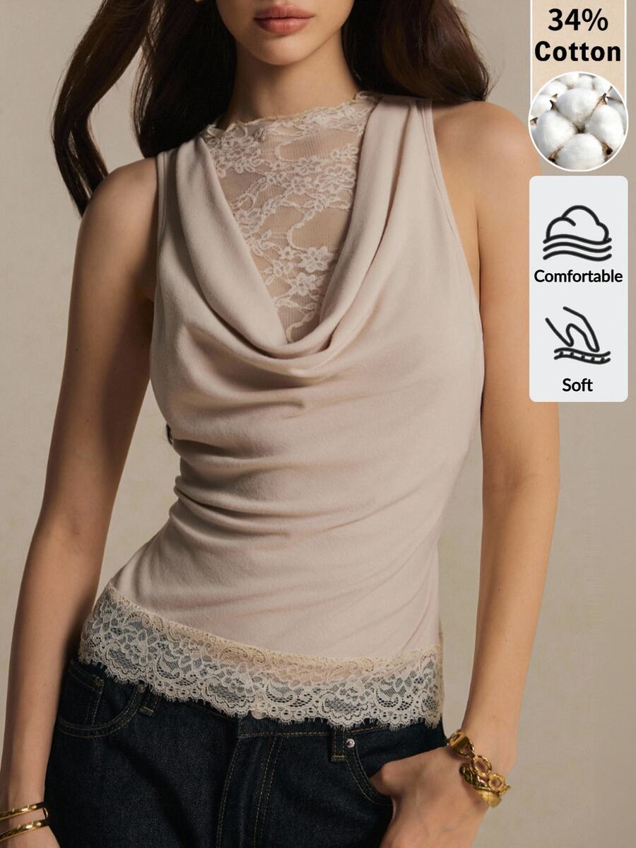 Poéselle Women's Lace Insert Cowl Neck Tank Top – Y2K Slim-Fit Cotton Blend Sleeveless Going-Out Top For Fall, Winter & Christmas Parties - Khaki - View 1