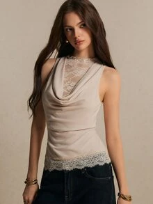 Poéselle Women's Lace Insert Cowl Neck Tank Top – Y2K Slim-Fit Cotton Blend Sleeveless Going-Out Top For Fall, Winter & Christmas Parties - Khaki - View 6