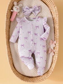 SHEIN 新生女嬰可愛粉色蝴蝶結連身衣與髮帶2件組，拍照攝影、醫院出院、秋季女嬰穿搭 - 淡紫色 - 查看 4