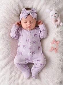 SHEIN 新生女嬰可愛粉色蝴蝶結連身衣與髮帶2件組，拍照攝影、醫院出院、秋季女嬰穿搭 - 淡紫色 - 查看 2