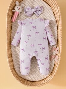 SHEIN 新生女嬰可愛粉色蝴蝶結連身衣與髮帶2件組，拍照攝影、醫院出院、秋季女嬰穿搭 - 淡紫色 - 查看 3