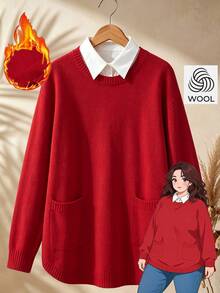Rusticease Plus Size Red Ribbed Round Neck Long Sleeve Sweater Cozy Casual Elegant Fall Winter 2026 Office Homewear Evening Working Formal Christmas - Red - View 4