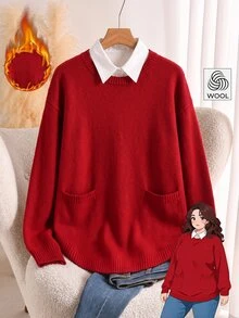 Rusticease Plus Size Red Ribbed Round Neck Long Sleeve Sweater Cozy Casual Elegant Fall Winter 2026 Office Homewear Evening Working Formal Christmas - Red - View 1