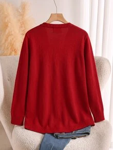 Rusticease Plus Size Red Ribbed Round Neck Long Sleeve Sweater Cozy Casual Elegant Fall Winter 2026 Office Homewear Evening Working Formal Christmas - Red - View 2