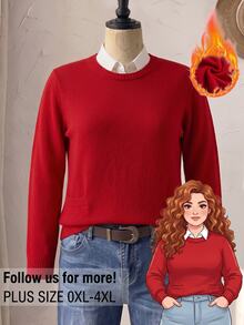 Rusticease Plus Size Red Ribbed Round Neck Long Sleeve Sweater Cozy Casual Elegant Fall Winter 2026 Office Homewear Evening Working Formal Christmas - Red - View 3