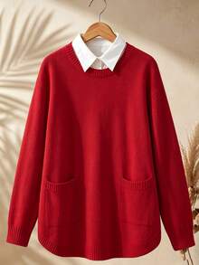 Rusticease Plus Size Red Ribbed Round Neck Long Sleeve Sweater Cozy Casual Elegant Fall Winter 2026 Office Homewear Evening Working Formal Christmas - Red - View 5
