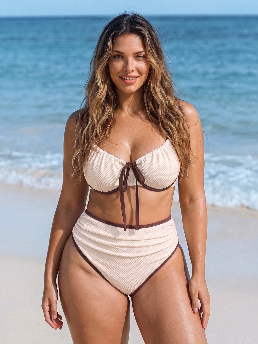 Swim Vcay Plus Size Women 2pcs Soft Padded Steel Wire Trim Design Bowknot Casual Swimwear Set