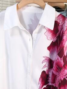 Modelyn Plus Size Women's Patchwork Floral Print Single-Breasted Shirt - White - View 4