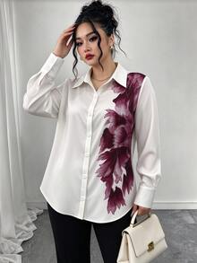 Modelyn Plus Size Women's Patchwork Floral Print Single-Breasted Shirt - White - View 5
