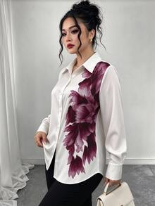 Modelyn Plus Size Women's Patchwork Floral Print Single-Breasted Shirt - White - View 6