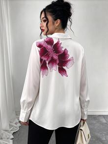 Modelyn Plus Size Women's Patchwork Floral Print Single-Breasted Shirt - White - View 2