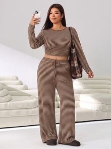 Solflare Plus Size Women's Autumn/Winter Striped Long Sleeve Top And Drawstring Waist Pants 2 Pieces Set - Multicolor - View 3