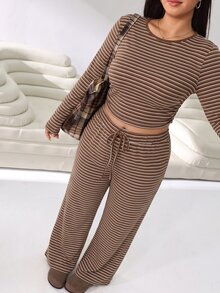 Solflare Plus Size Women's Autumn/Winter Striped Long Sleeve Top And Drawstring Waist Pants 2 Pieces Set - Multicolor - View 6