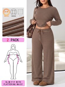 Solflare Plus Size Women's Autumn/Winter Striped Long Sleeve Top And Drawstring Waist Pants 2 Pieces Set - Multicolor - View 1
