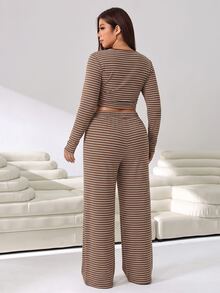 Solflare Plus Size Women's Autumn/Winter Striped Long Sleeve Top And Drawstring Waist Pants 2 Pieces Set - Multicolor - View 2