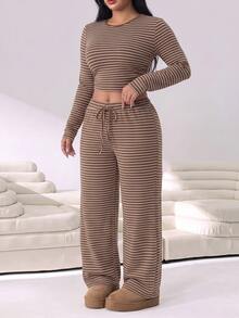 Solflare Plus Size Women's Autumn/Winter Striped Long Sleeve Top And Drawstring Waist Pants 2 Pieces Set - Multicolor - View 5