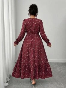 Elenzga Plus Size Floral Print Ruffle Hem Long Dress,Women Summer Casual Elastic Waist Long Sleeve Retro Boho Burgundy Autumn Vacation Wedding Dress Fall - Burgundy - View 2