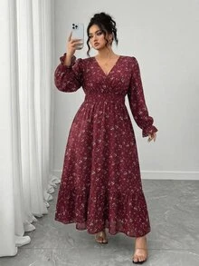 Elenzga Plus Size Floral Print Ruffle Hem Long Dress,Women Summer Casual Elastic Waist Long Sleeve Retro Boho Burgundy Autumn Vacation Wedding Dress Fall - Burgundy - View 6