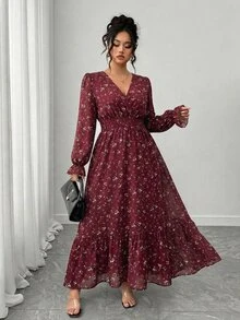 Elenzga Plus Size Floral Print Ruffle Hem Long Dress,Women Summer Casual Elastic Waist Long Sleeve Retro Boho Burgundy Autumn Vacation Wedding Dress Fall - Burgundy - View 7