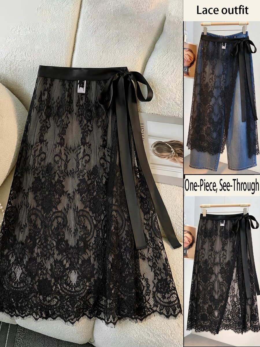 GlowEve CURVE Spring Summer Autumn Versatile Lace Sexy Slit Elegant Plus Size Skirt - Black - View 1