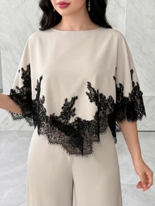 Modelyn Blus Wanita dengan Hem Asimetris Berenda Kontras dan Celana Panjang Lebar, Set Elegan untuk Musim Gugur dan Musim Dingin, Warna Putih untuk Guru. - Aprikot - View 6