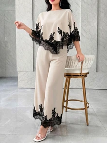 Modelyn Blus Wanita dengan Hem Asimetris Berenda Kontras dan Celana Panjang Lebar, Set Elegan untuk Musim Gugur dan Musim Dingin, Warna Putih untuk Guru. - Aprikot - View 7