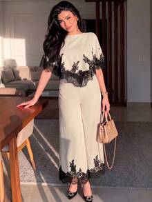 Modelyn Blus Wanita dengan Hem Asimetris Berenda Kontras dan Celana Panjang Lebar, Set Elegan untuk Musim Gugur dan Musim Dingin, Warna Putih untuk Guru. - Aprikot - View 4
