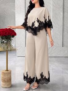 Modelyn Blus Wanita dengan Hem Asimetris Berenda Kontras dan Celana Panjang Lebar, Set Elegan untuk Musim Gugur dan Musim Dingin, Warna Putih untuk Guru. - Aprikot - View 5