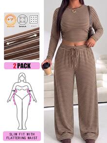 Solflare Plus Size Women's Autumn/Winter Striped Long Sleeve Top And Drawstring Waist Pants 2 Pieces Set - Multicolor - View 1