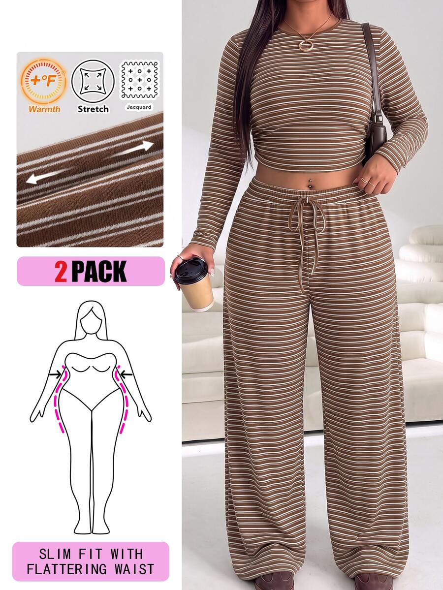 Solflare Plus Size Women's Autumn/Winter Striped Long Sleeve Top And Drawstring Waist Pants 2 Pieces Set - Multicolor - View 1